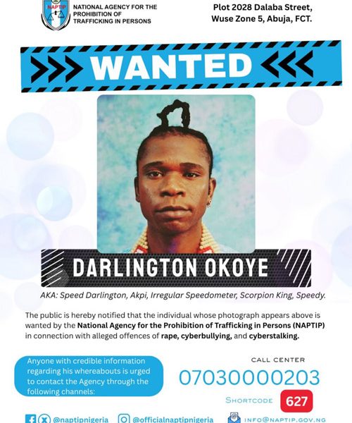 NAPTIP Declares Speed Darlington Wanted Over Alleged Rape and Cybercrime