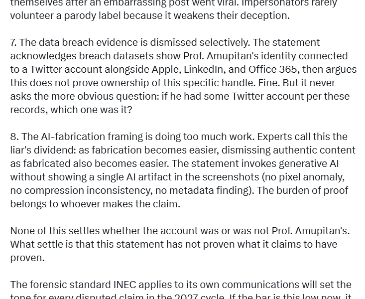 Cybersecurity analyst pokes hole in INEC’s claim of forensic investigation clearing its chairman Prof Amupitan of owning controversial X account